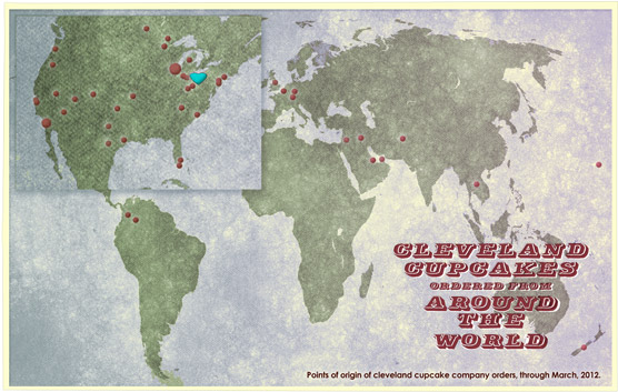 A map of points of origin of Cleveland Cupcake Company orders.